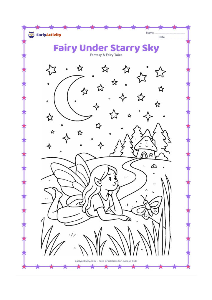 Colouring page: A fairy lies on a hilltop looking toward a large crescent moon and a sky filled with varied stars. Add a winding path, tall grasses, a distant woodland, a fairy house and a moth near the…