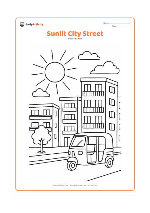 Worksheet: Show a round sun above an Indian city street with apartment buildings, balconies, a small roadside tree, a parked auto-rickshaw and a broad pavement. Add long rays between a few light…