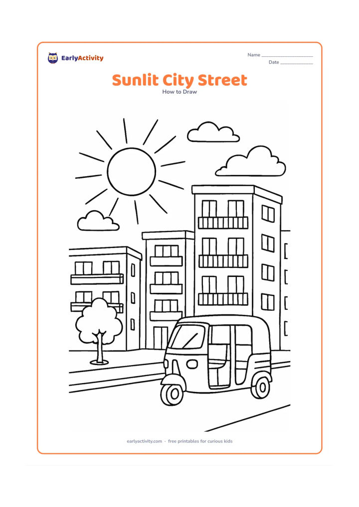Worksheet: Show a round sun above an Indian city street with apartment buildings, balconies, a small roadside tree, a parked auto-rickshaw and a broad pavement. Add long rays between a few light…