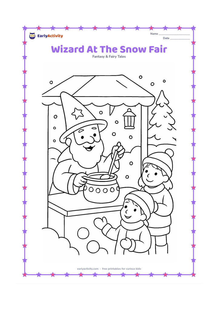 Colouring page: A cheerful wizard offers warm pretend cocoa from a large decorated pot at a snowy outdoor stall. Include friendly children in winter clothes, snow-covered trees, round snowballs and a…