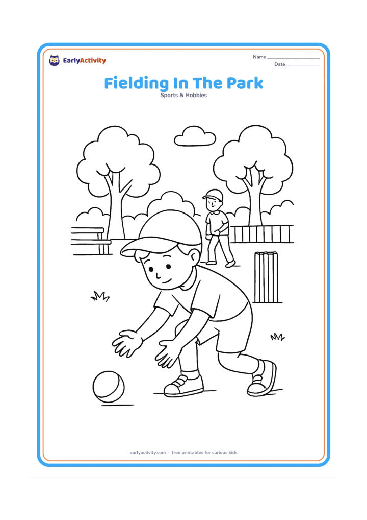 Colouring page: A child fielder bending to stop a rolling ball in a neighbourhood park. Show a batter and distant wickets, along with a bench, trees and a simple fence.
