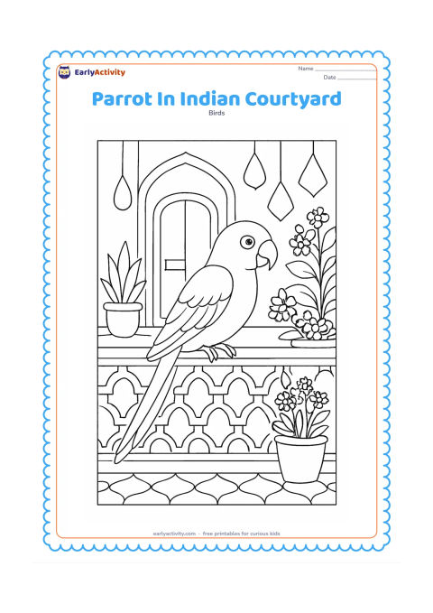 Colouring page: Draw a parrot perched on a carved-looking but simple balcony rail in an Indian courtyard, surrounded by potted tulsi, flowering plants, and hanging fabric shapes. Include a doorway and…