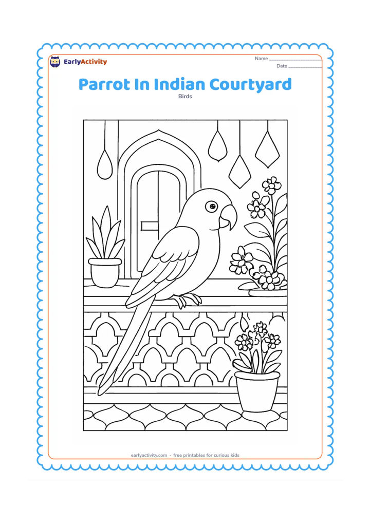 Colouring page: Draw a parrot perched on a carved-looking but simple balcony rail in an Indian courtyard, surrounded by potted tulsi, flowering plants, and hanging fabric shapes. Include a doorway and…