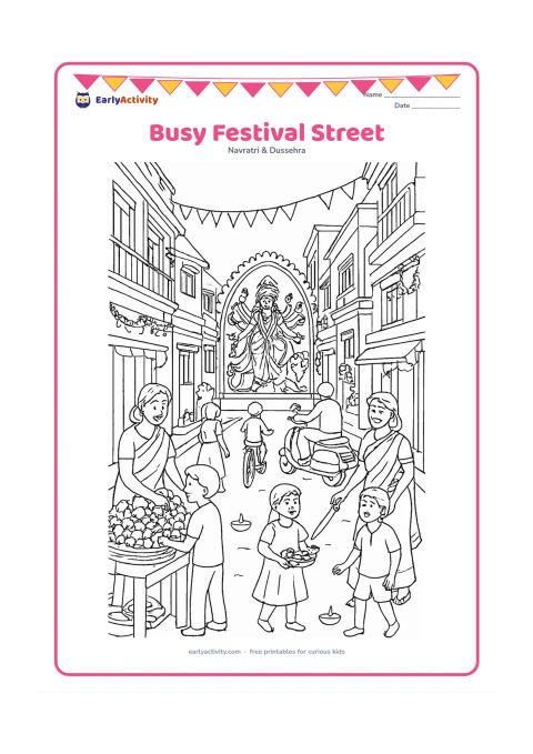 Colouring page: A detailed Indian neighbourhood street leads toward a Durga Puja pandal, with families, flower sellers, a dhak drummer, bicycles, scooters, balconies, garlands, and diyas. Keep the…