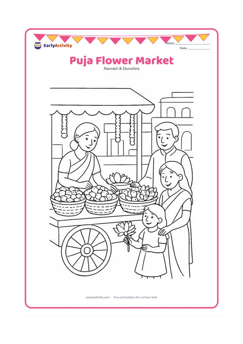 Colouring page: A flower seller arranges baskets of marigolds and lotuses while a family chooses flowers for Puja. Include a shaded stall, a handcart, hanging garlands, and an Indian street background…