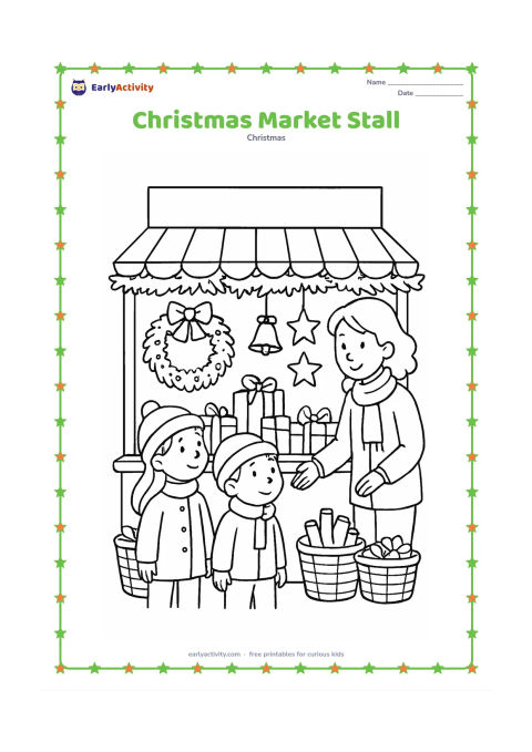 Colouring page: A small festive market stall displays wrapped gifts, bells, stars and wreaths while two children look at the decorations with a friendly adult. Add a simple awning, baskets and evergreen…