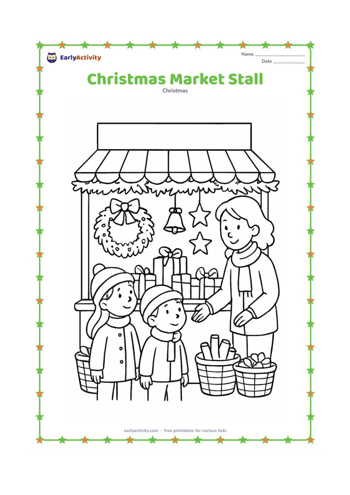 Colouring page: A small festive market stall displays wrapped gifts, bells, stars and wreaths while two children look at the decorations with a friendly adult. Add a simple awning, baskets and evergreen…