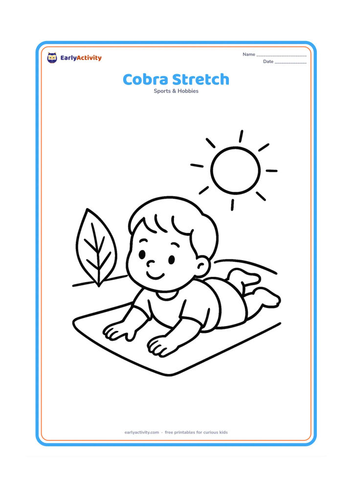 Colouring page: A child lies on the tummy and lifts the chest gently with hands on the mat, looking forward. Place the child on a mat outdoors with one large leaf and a low sun.
