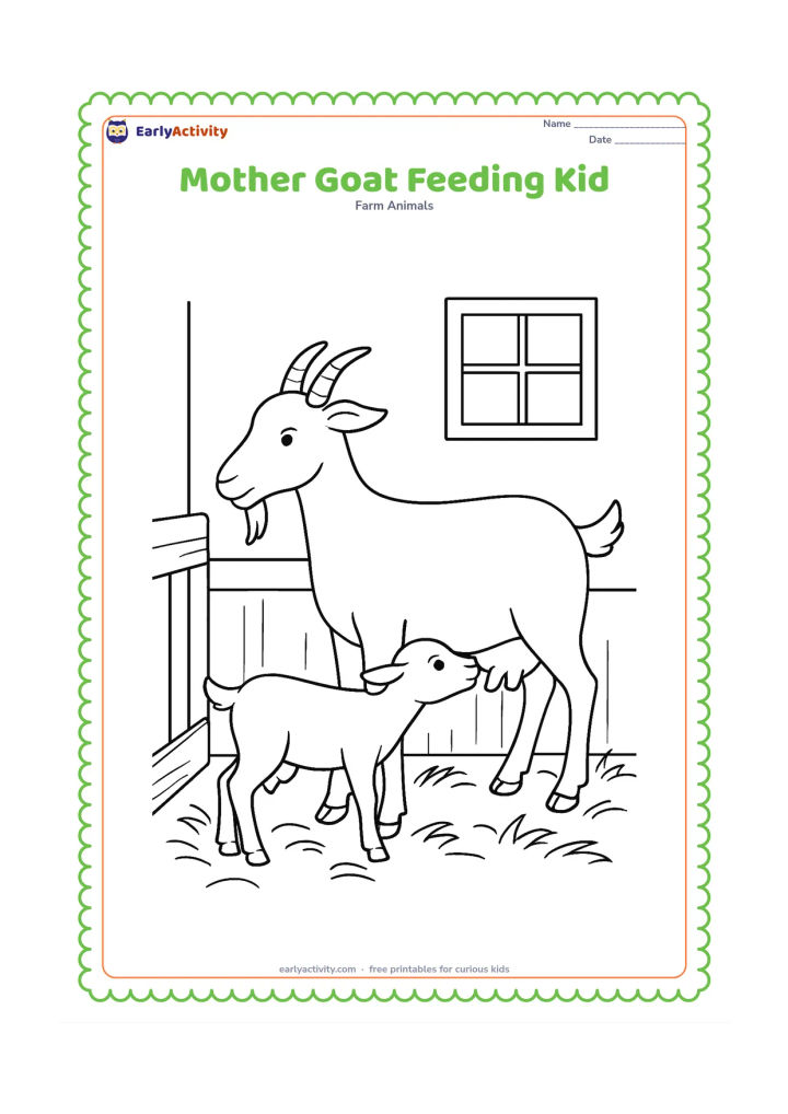Colouring page: Draw a mother goat standing while a baby kid nurses beneath her, with both faces visible in profile. Place them in a clean barn stall with hay, a wooden divider, and a small window.