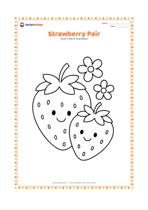 Colouring page: Draw two strawberries leaning together like friends, one large and one smaller, with leafy calyxes, scattered seed dots, and two simple flowers behind them.