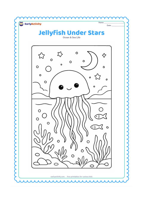 Colouring page: Draw a jellyfish floating at night beneath a starry sky visible through the water surface, with a crescent moon and a distant coastline. Add glowing-looking bubble shapes, coral,…