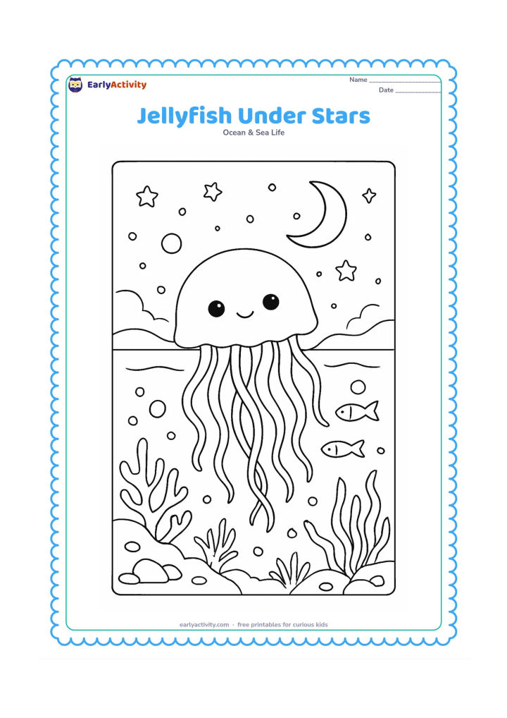 Colouring page: Draw a jellyfish floating at night beneath a starry sky visible through the water surface, with a crescent moon and a distant coastline. Add glowing-looking bubble shapes, coral,…