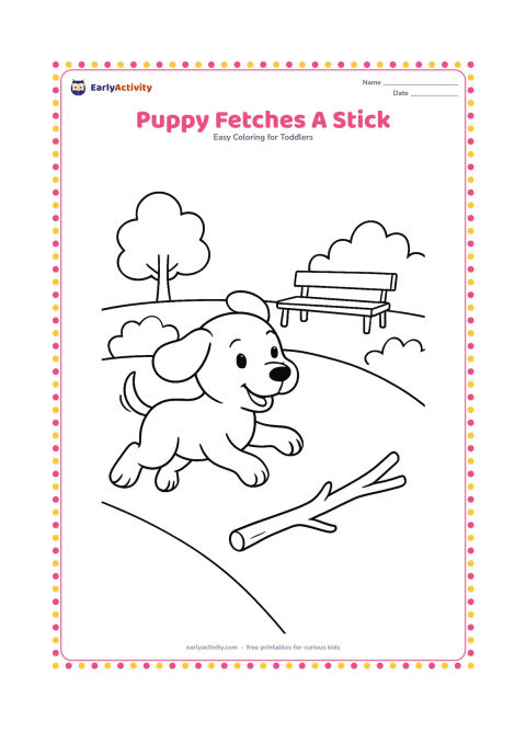 Colouring page: Draw a playful puppy running toward a large stick, with floppy ears, lifted front paws and a wagging tail. Set the scene on a park path with two bushes and a simple bench behind it.
