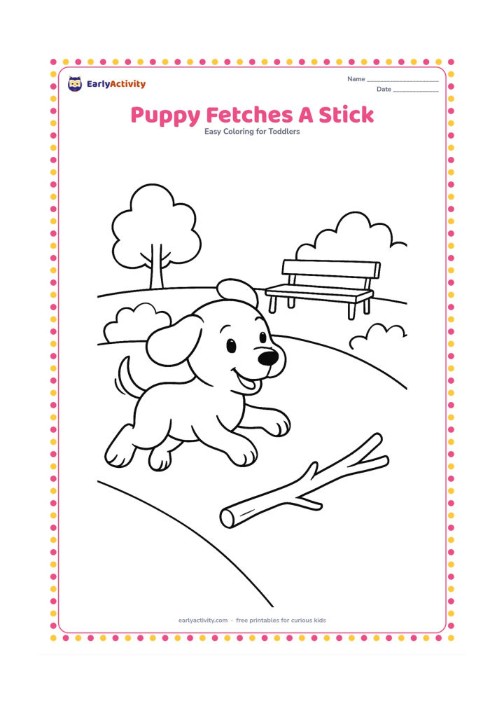 Colouring page: Draw a playful puppy running toward a large stick, with floppy ears, lifted front paws and a wagging tail. Set the scene on a park path with two bushes and a simple bench behind it.