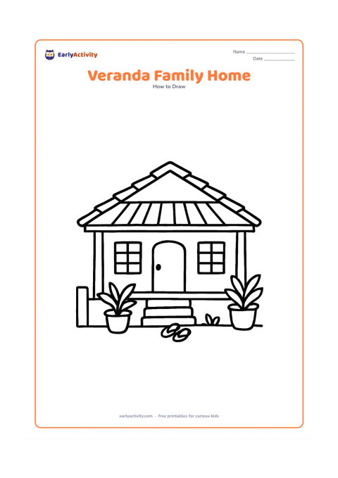 Worksheet: Draw an Indian-style home with a sloping roof, a shaded front veranda, two pillars, a central doorway and wide windows. Show a pair of sandals near the entrance, two potted plants and a…