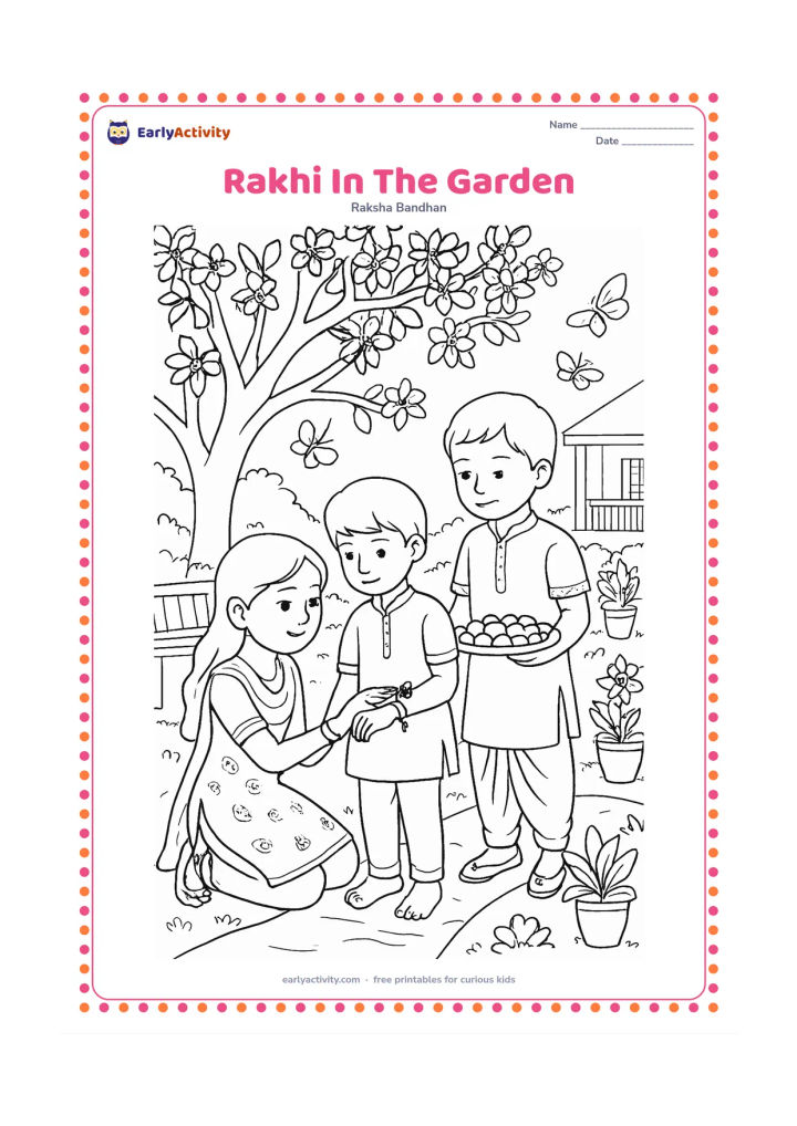 Colouring page: A sibling ties a rakhi beneath a flowering tree in an Indian garden while two cousins prepare a tray of sweets nearby. Include a garden path, butterflies, potted plants, a bench and a…