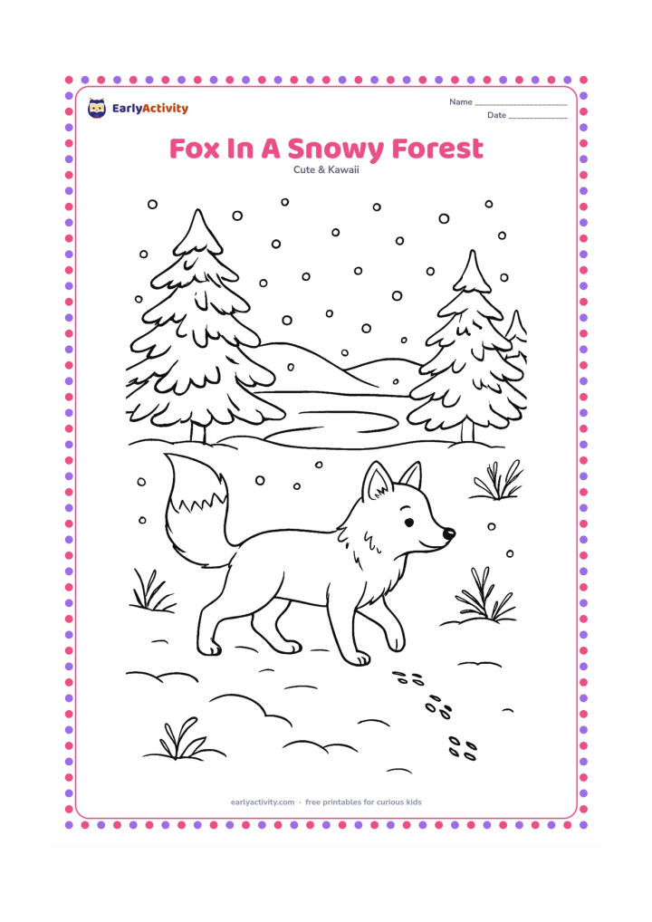 Colouring page: A fox walks through fresh snow with its tail raised, following small animal tracks between pine trees. Add snow-covered branches, a frozen pond, distant hills and falling snowflakes.