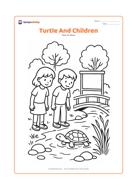 Worksheet: Draw a friendly pond turtle near two children observing it from a respectful distance beside a school garden pond. Include a low bridge, reeds, stones, a notice board shown blank and…