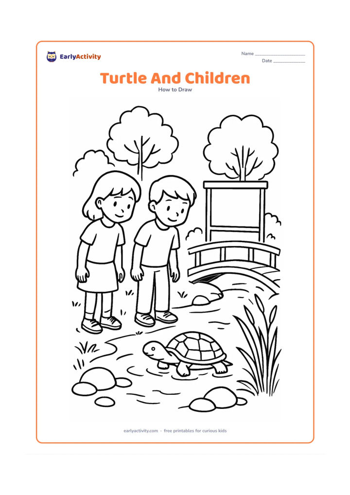 Worksheet: Draw a friendly pond turtle near two children observing it from a respectful distance beside a school garden pond. Include a low bridge, reeds, stones, a notice board shown blank and…