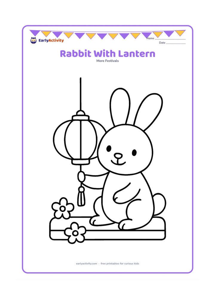 Colouring page: Draw a friendly rabbit sitting beside a large hanging lantern, with two simple flower blossoms and a low platform beneath them. The rabbit should hold one lantern cord gently.