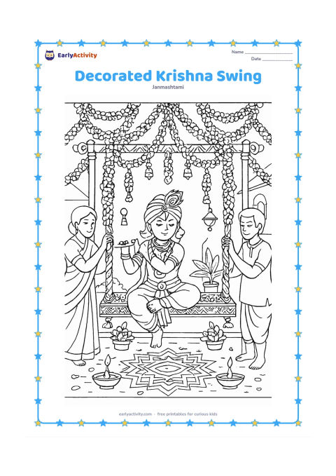 Colouring page: Draw Krishna seated on an ornate festival swing in a courtyard, surrounded by layered flower garlands, bells, lamps, rangoli-style geometric shapes and potted plants. Show two family…