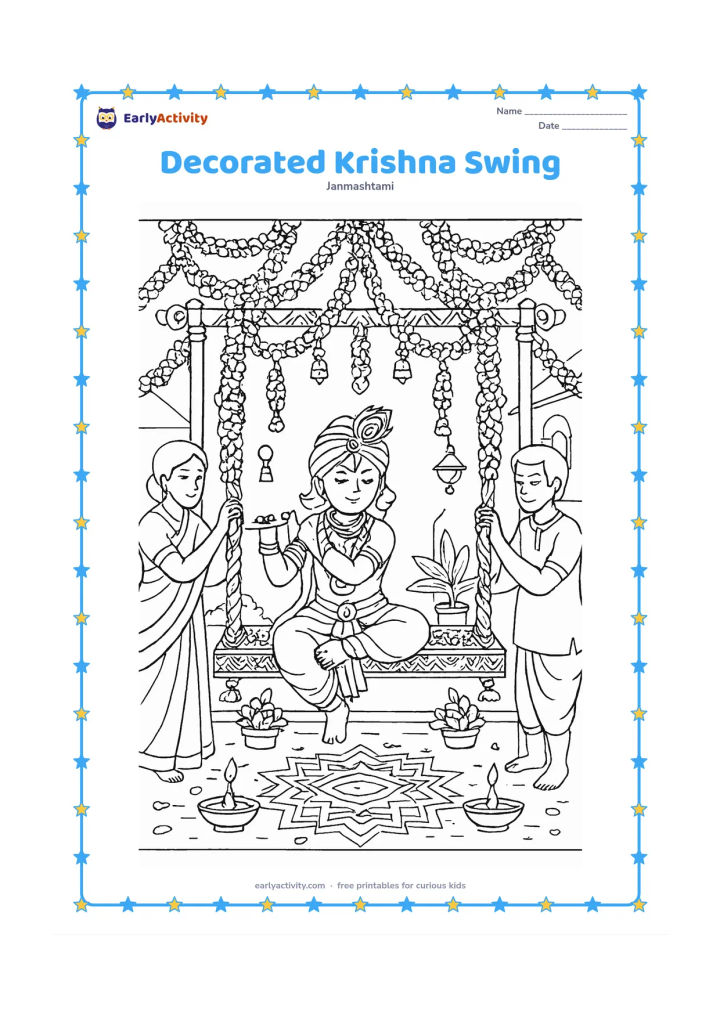 Colouring page: Draw Krishna seated on an ornate festival swing in a courtyard, surrounded by layered flower garlands, bells, lamps, rangoli-style geometric shapes and potted plants. Show two family…