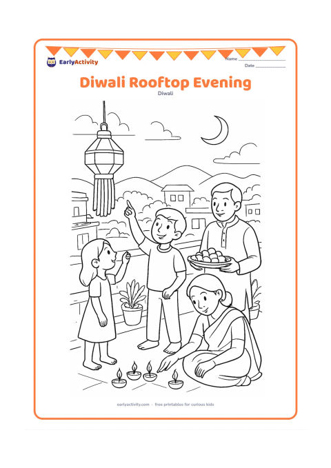 Colouring page: A family gathers on a rooftop at twilight, with adults arranging diyas, children admiring hanging lanterns and a grandparent holding a tray of sweets. Show parapet walls, potted plants,…