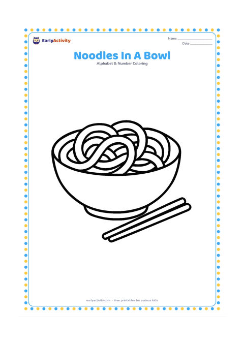 Colouring page: Draw a wide bowl filled with several thick, looping noodles, with two short chopsticks resting beside it. Add a small table line underneath.
