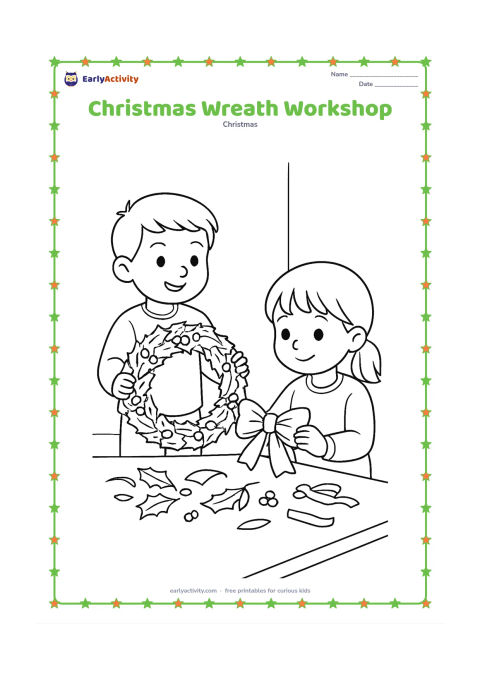 Colouring page: A child holds a large circular evergreen wreath while another child attaches a bow at a craft table. Include loose leaves, berries, ribbon pieces and a plain wall in the background.
