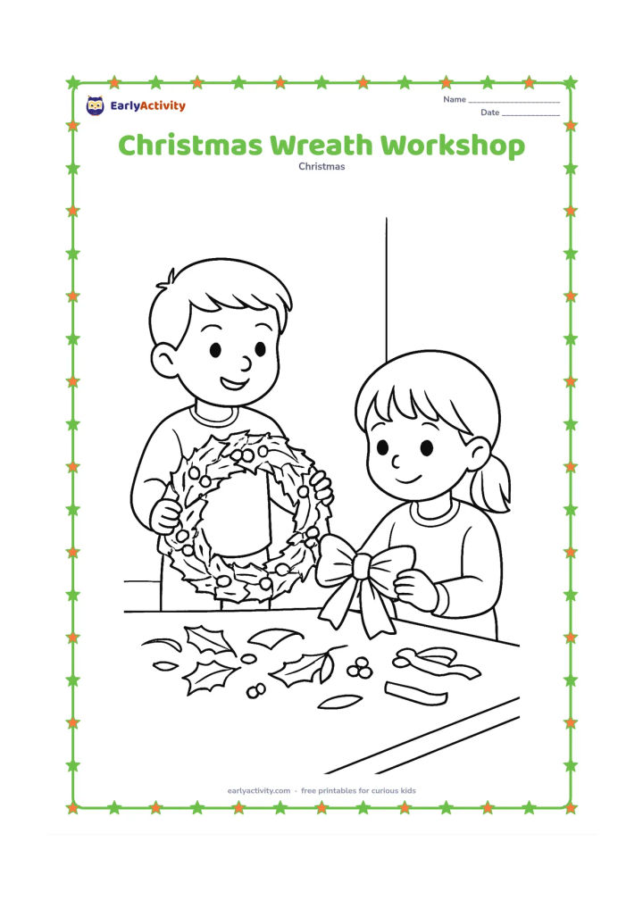 Colouring page: A child holds a large circular evergreen wreath while another child attaches a bow at a craft table. Include loose leaves, berries, ribbon pieces and a plain wall in the background.