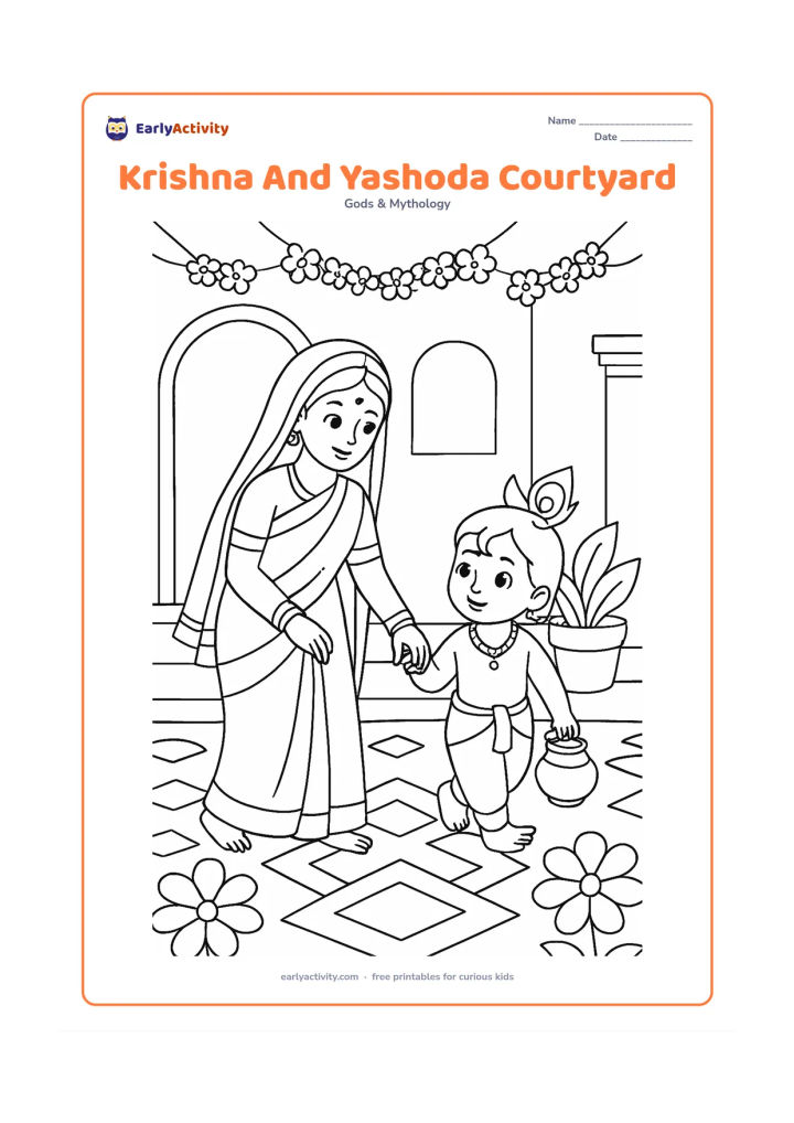 Colouring page: Baby Krishna walks beside Yashoda through a decorated Indian courtyard, carrying a small matki while she holds his hand. Include rangoli-style geometric shapes, flower garlands and a…