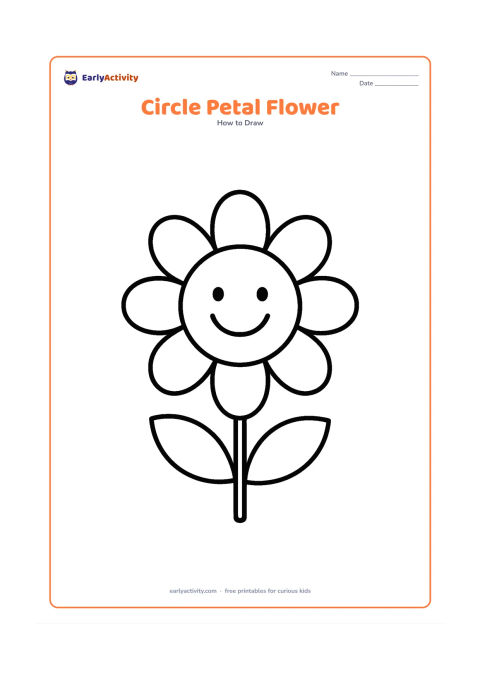 Worksheet: A cheerful flower built from a large circle centre and eight simple oval petals, with a straight stem and two symmetrical leaves. Show the flower facing forward with no background.