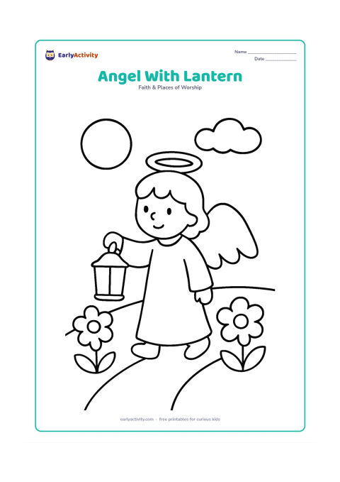 Colouring page: A standing angel carries a simple unlit lantern while walking along a path bordered by two large flowers. Place a round moon and one cloud in the sky.