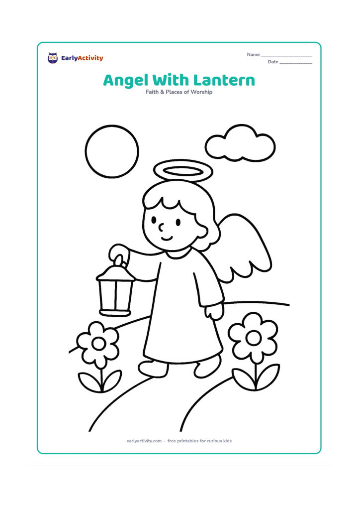 Colouring page: A standing angel carries a simple unlit lantern while walking along a path bordered by two large flowers. Place a round moon and one cloud in the sky.