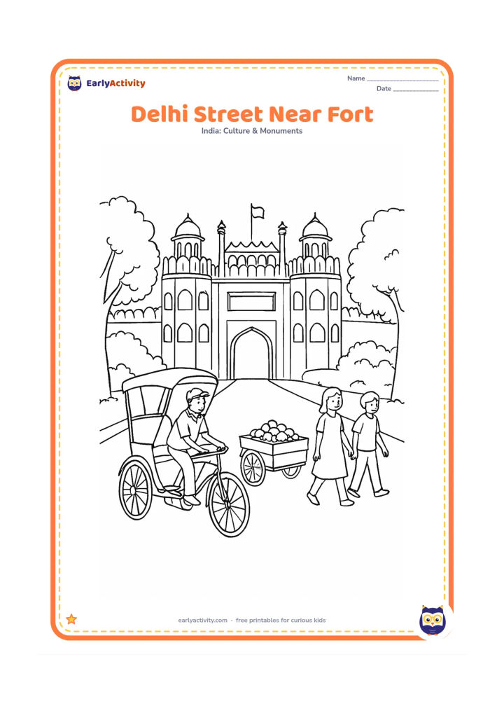 Colouring page: Draw the Red Fort gate at the end of a Delhi street with a cycle rickshaw, a fruit cart without signs, two pedestrians and leafy roadside trees. The fort should remain the largest…