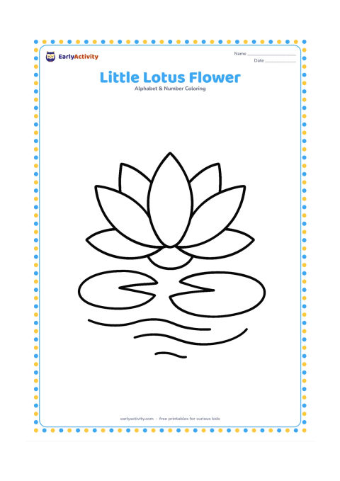 Colouring page: Draw a large lotus flower floating on a pond with two broad lily pads and a few simple ripples. Keep the flower open and centred above the water.