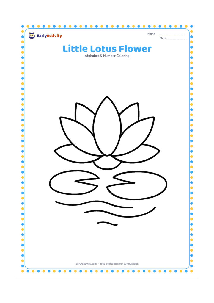 Colouring page: Draw a large lotus flower floating on a pond with two broad lily pads and a few simple ripples. Keep the flower open and centred above the water.
