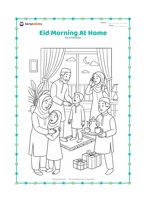 Colouring page: A busy Indian home on Eid morning shows family members greeting one another, adjusting festive clothes, arranging gifts and carrying a breakfast tray through rooms opening onto a…