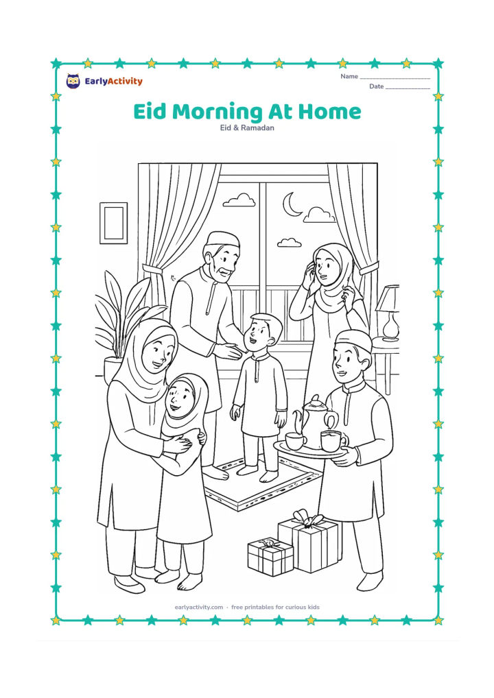 Colouring page: A busy Indian home on Eid morning shows family members greeting one another, adjusting festive clothes, arranging gifts and carrying a breakfast tray through rooms opening onto a…