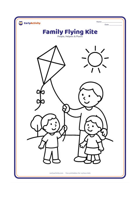 Colouring page: Show one adult and two children outdoors, holding a large kite string while the kite floats above them. Add a hill, a sun and two simple trees.