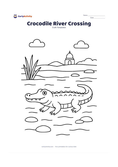 Worksheet: Draw a crocodile moving through a shallow river with its head and back above the water, showing a long body, sturdy legs and a segmented tail. Add reeds, flat stones and a small Indian…