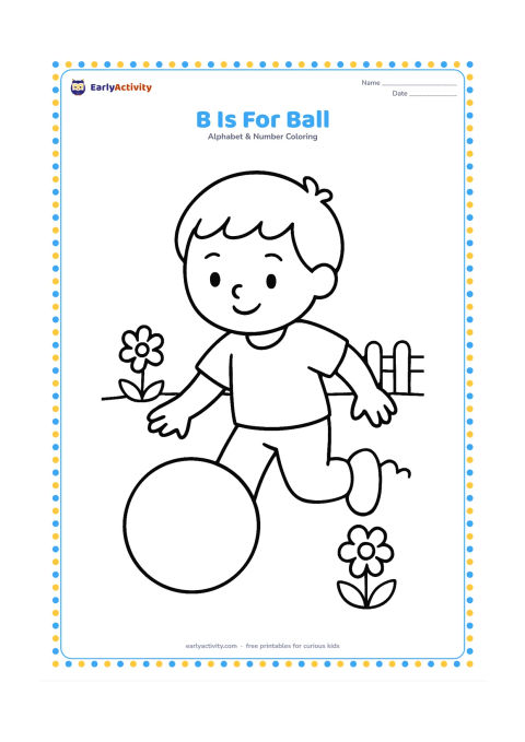 Colouring page: Draw a child bouncing a large round ball in an open garden, with two simple flowers and a low fence behind. Show the ball clearly in the foreground.