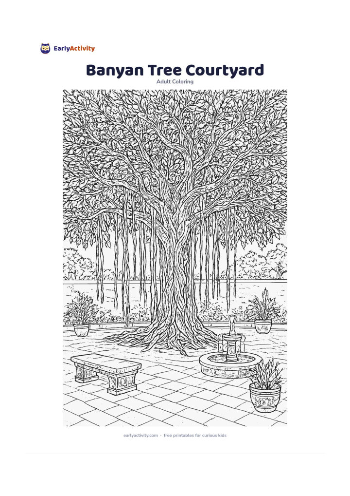 Colouring page: A huge banyan tree spreads across a peaceful courtyard, with hanging roots, stone seating, potted plants, a small fountain and distant garden walls without markings. Place the tree…