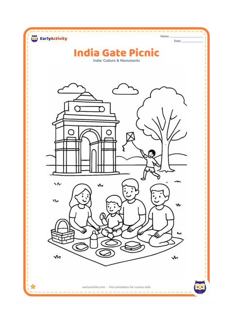 Colouring page: Show India Gate from a three-quarter view in a broad park, with the arch, upper terrace and surrounding lawns. A family shares a picnic under a tree while another child flies an unmarked…