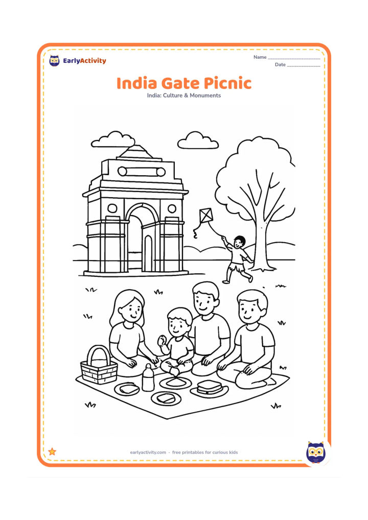 Colouring page: Show India Gate from a three-quarter view in a broad park, with the arch, upper terrace and surrounding lawns. A family shares a picnic under a tree while another child flies an unmarked…