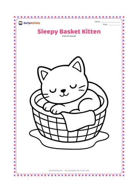 Colouring page: Draw one round-faced kitten curled asleep inside a large woven basket, with its tail tucked around its paws. Keep the composition centered with only a small blanket edge and two simple…