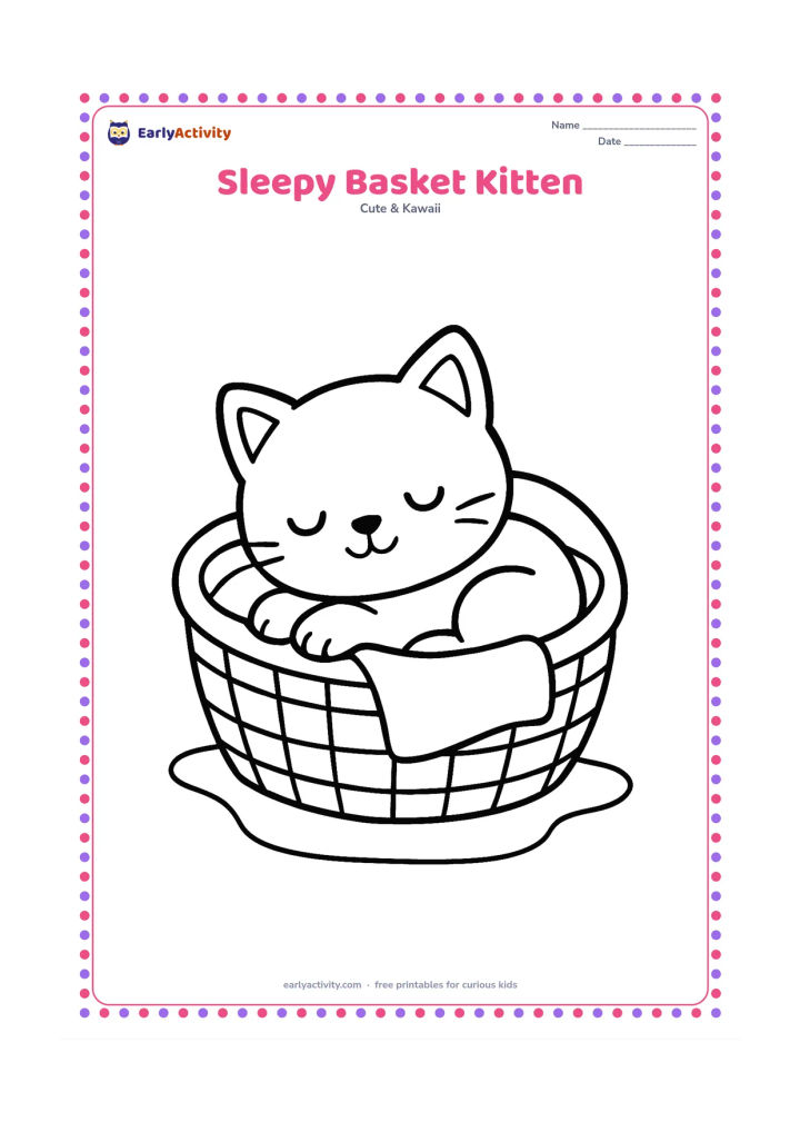 Colouring page: Draw one round-faced kitten curled asleep inside a large woven basket, with its tail tucked around its paws. Keep the composition centered with only a small blanket edge and two simple…