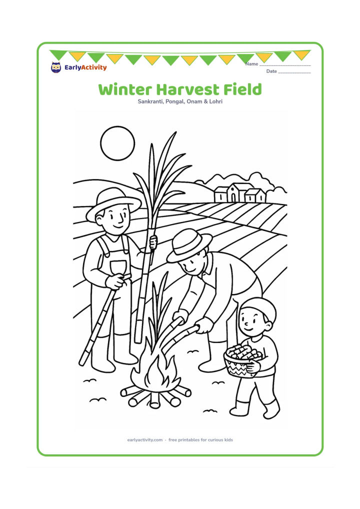 Colouring page: Draw two farmers gathering sugarcane beside a small bonfire at the edge of a field, with a child carrying a basket of peanuts. Include furrows, a distant village and a pale winter sun.