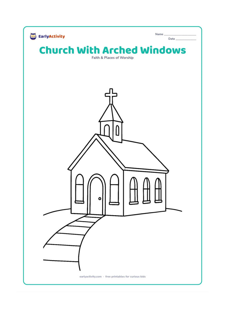 Colouring page: A medium-sized church viewed from the front corner, showing three tall arched windows, a central door, a modest steeple with a cross, and a paved path.