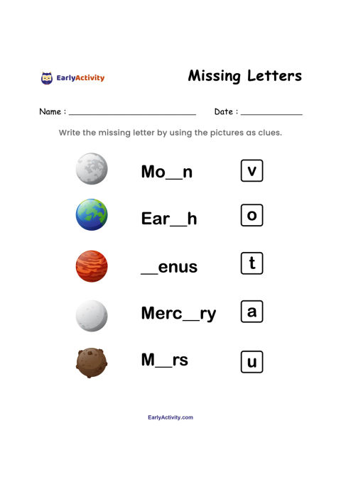 Worksheet showing the Moon, Earth, Venus, Mercury and Mars with missing letters to complete and letter choices in boxes.